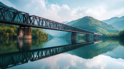 Poster - A 4K photo capturing a train crossing a steel bridge, the landscape of mountains and river perfectly reflected in the calm water