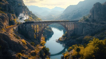 Poster - A 4K photo of a train making its way across a high bridge spanning a river in a mountainous region, with the vastness of the landscape accentuating the power of the train and its journey