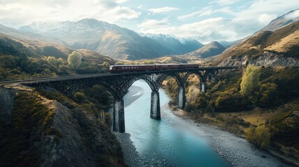 Poster - A 4K photo of a train making its way across a high bridge spanning a river in a mountainous region,