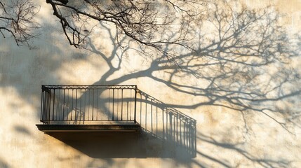 Poster - A 4K photo of a tree shadow on the wall of a building, the balcony offering a contrasting edge as the branches stretch across the surface,