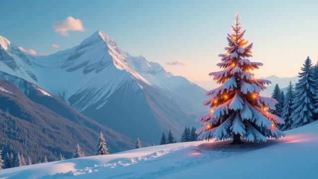 A decorated New Year tree stands in the mountains