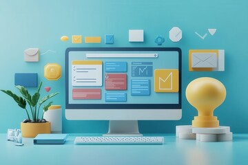 Poster - a modern workspace featuring a computer with colorful interface elements, a plant, and decorative it