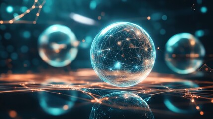Poster - Abstract representation of interconnected spheres with glowing networks and reflections.