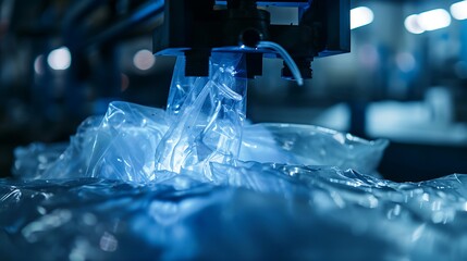 Poster - A close-up view of a machine dispensing plastic bags in an industrial setting, highlighting manufacturing processes.