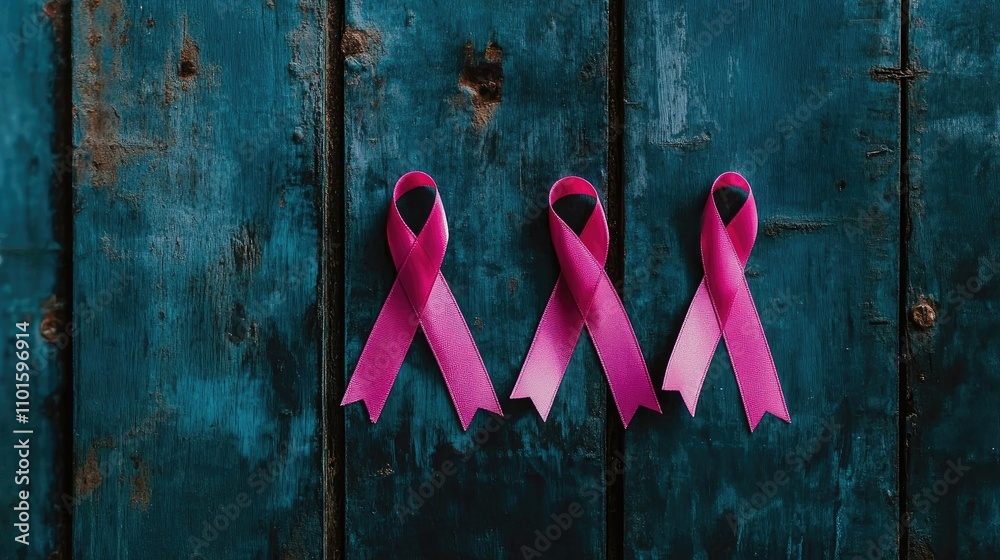 Rustic Cancer Ribbon Images Three pink ribbons aligned on a rustic blue background symbolizing ...