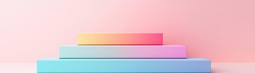 Poster - A minimalist display of three layered platforms in pastel colors against a soft pink background, creating a modern and artistic aesthetic.