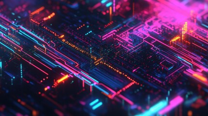 Poster - Abstract digital circuit design with vibrant neon colors and intricate patterns.
