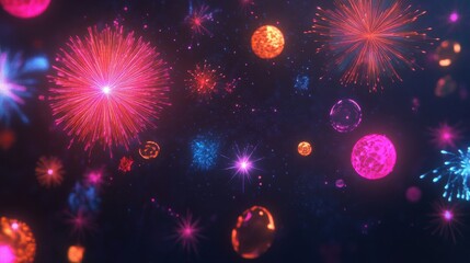 Wall Mural - Glowing abstract starbursts in neon colors blending on dark artistic backdrops