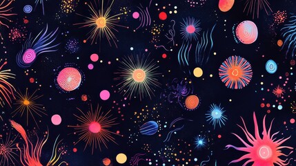 Wall Mural - Bright pink bubbles and stars glowing on dark comic backdrops with gradients