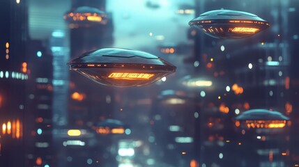 Wall Mural - Glowing metallic shields hovering above a vibrant futuristic cityscape