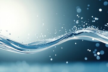 Poster - Gentle waves of clear water ripple against a soft, blurred background, creating an ethereal atmosphere filled with shimmering droplets reflecting light, enhancing tranquility