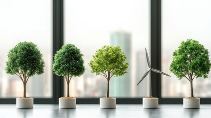 Poster - Climate-positive asset categories represented in a futuristic finance projection model on a white base.