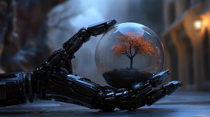 Poster - Close-up of a robot hand saving the planet, crystal earth with a tree inside symbolizing sustainability.