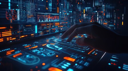 Poster - Close-up of hands typing on a laptop, AI chatbot system interface glowing brightly on the screen.