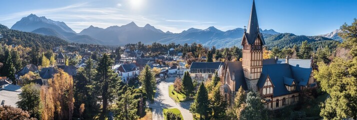 Bariloche Aerial Panorama: Central Cathedral and Calm City Architecture in Argentine