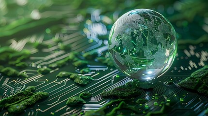 Poster - A digital globe rests on a circuit board, symbolizing the intersection of technology and the environment.