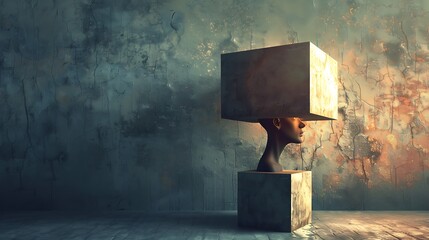 Poster - A surreal sculpture of a head with a box on top, symbolizing thought and creativity.