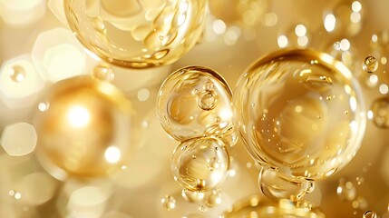 Poster - A close-up of golden bubbles floating in a soft, blurred background, creating a dreamy and luxurious atmosphere.