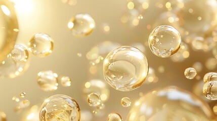 Poster - A close-up view of shimmering golden bubbles floating in a soft, glowing background.