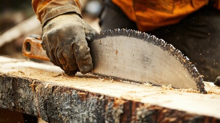 Poster - A close-up of a construction worker's hands guiding a sharp saw through lumber, showcasing strength and precision in a rugged construction setting