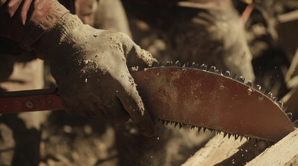 Poster - A close-up of a construction worker's hands guiding a sharp saw through lumber, showcasing strength and precision in a rugged construction setting