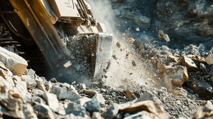 Poster - A close-up of a crushing machine in motion, with large chunks of stone being fed into its jaws in an expansive, rocky quarry.