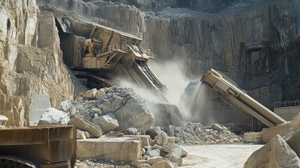 Poster - A close-up of a crushing machine in motion, with large chunks of stone being fed into its jaws in an expansive, rocky quarry.