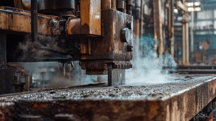 Poster - A close-up of a powerful industrial machine working in a rugged processing environment, with rusted metal, machinery, and dust enhancing the gritty industrial atmosphere