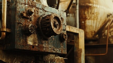 Poster - A close-up of a powerful industrial machine working in a rugged processing environment, with rusted metal, machinery, and dust enhancing the gritty industrial atmosphere