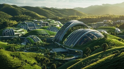 Poster - A futuristic industrial facility with green energy solutions, surrounded by rolling hills and thriving vegetation, showcasing an eco-conscious approach to industrial design