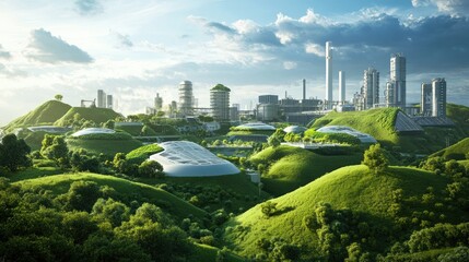 Poster - A futuristic industrial facility with green energy solutions, surrounded by rolling hills and thriving vegetation, showcasing an eco-conscious approach to industrial design
