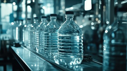 Poster - A high-tech automated filling machine in action, filling large bottles with a smooth liquid in a clean and sterile factory environment.