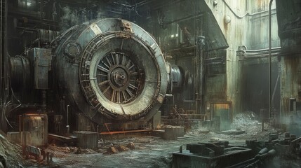 Poster - A large industrial machine surrounded by rough, weathered materials in a processing plant, with metallic surfaces contrasting against a gritty, industrial background