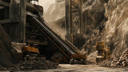 Poster - A large screw feeder positioned on a mining site, moving materials through a gritty, earthy environment with the heavy machinery in action.