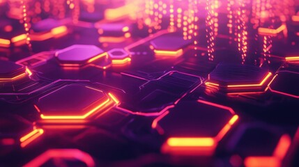 Poster - Abstract digital landscape with glowing hexagonal shapes and vibrant colors.