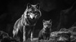 © AbstractAI - Adult wolf watches over its young pup in a dramatic black and white scene, highlighting the protective instincts of wildlife families.