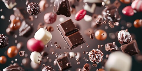 Wall Mural - Delicious assortment of floating chocolate candies and bars against a dark background.