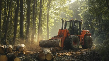 Aufkleber - A powerful log splitter in use in a dense forest, splitting large logs with force, surrounded by trees and a natural earthy landscape.