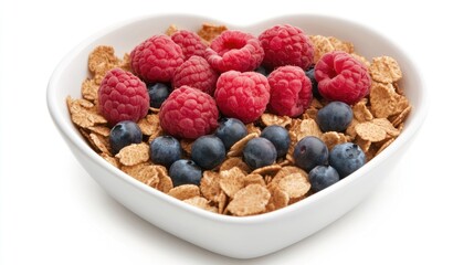 Heart-shaped bowl filled with breakfast cereals topped with vibrant fresh raspberries and blueberries, showcasing a healthy and colorful morning meal.