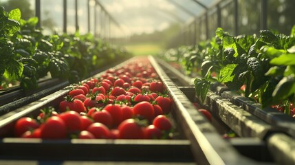 Poster - A retro conveyor system gently moving fresh produce in a soft-lit agricultural setting, with a rustic farm backdrop and fields stretching in the distance.