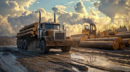 Poster - A rugged logger truck carrying freshly cut timber on an industrial site, with large piles of logs and machinery in the background.