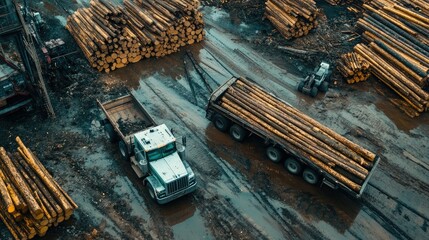 Poster - A rugged logger truck carrying freshly cut timber on an industrial site, with large piles of logs and machinery in the background.