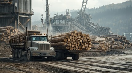Poster - A rugged logger truck carrying freshly cut timber on an industrial site, with large piles of logs and machinery in the background.