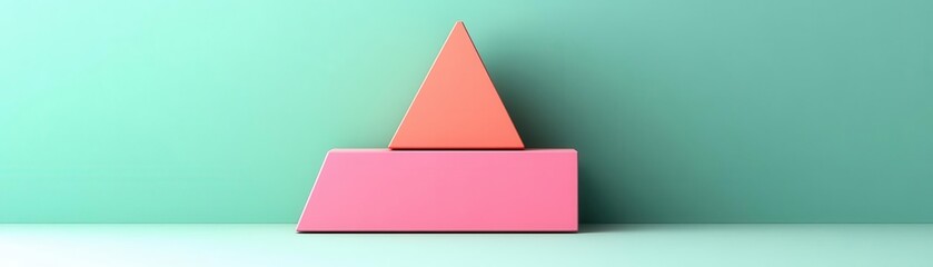 Poster - A minimalistic composition featuring a pink rectangular base and an orange triangular top against a soft turquoise background.