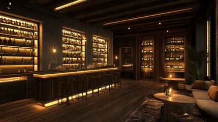 Poster - A rustic and stylish bar interior with dim lighting, wooden shelves stocked with bottles, and a cozy atmosphere perfect for social gatherings or a night out