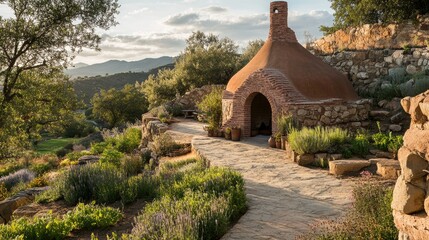 Poster - A rustic clay kiln with detailed, textured surfaces and earthy colors, bathed in warm light amidst the natural landscape