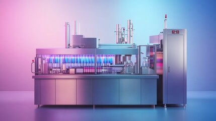 Poster - A sleek, modern filling machine in action, soft lighting and gradient colors illuminating the factory environment as products are filled with precision