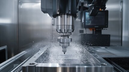 Poster - A technician overseeing a precision CNC machine with water cooling process in a modern industrial workshop.