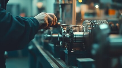 Poster - A technician using a polishing tool on large metal components in a factory, showcasing detailed craftsmanship and industrial tools.