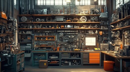 Poster - A vibrant industrial workshop with neatly organized shelves packed with mechanical parts, tools, and gears in a well-lit space